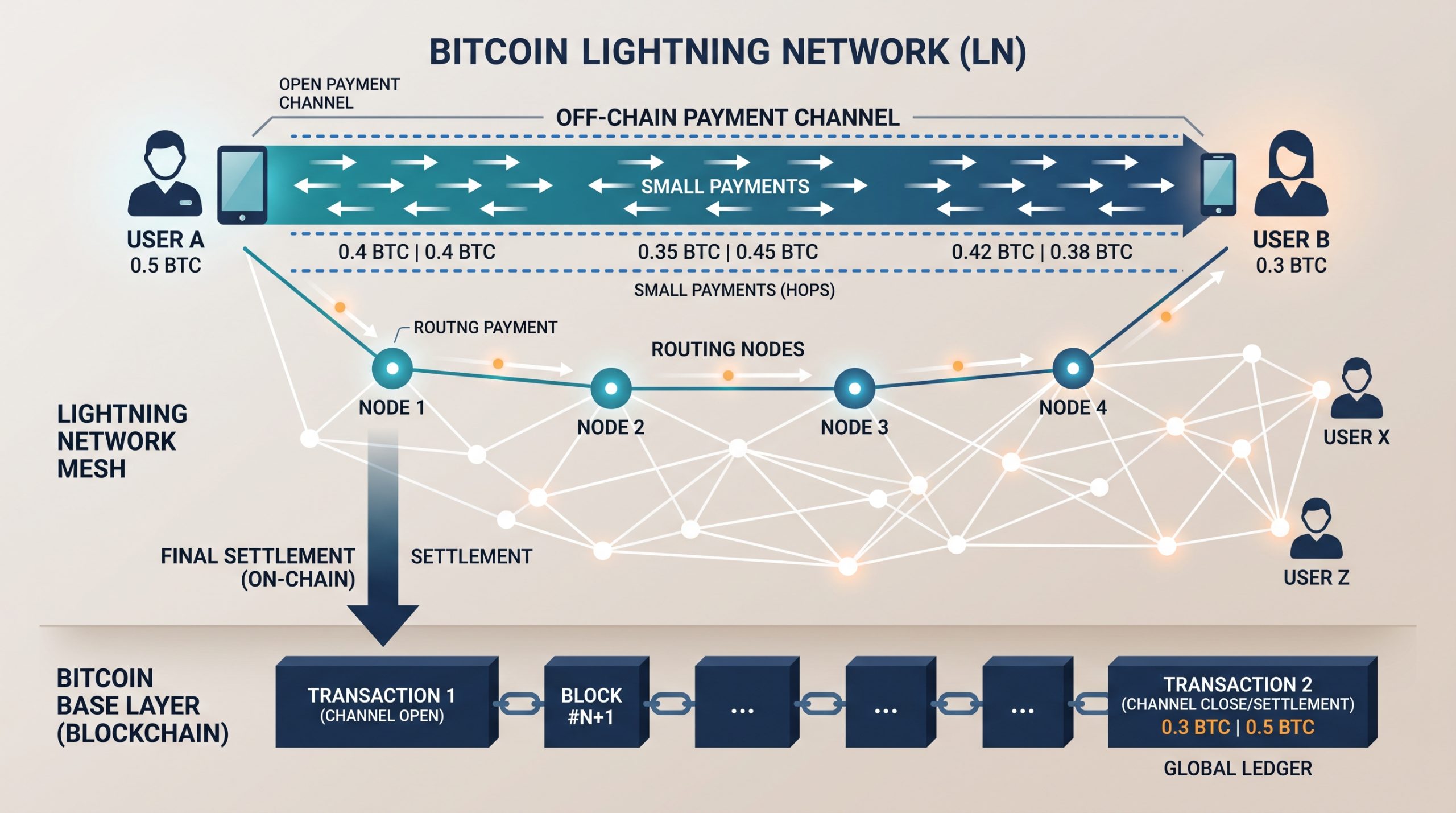 Lightning Network Adoption: Bitcoin Payments in Practice 1 Diagram showing a Lightning Network payment channel routing off-chain Bitcoin payments that periodically settle to the Bitcoin blockchain